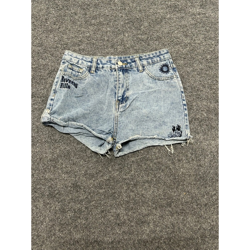 Romwe Denim Shorts Womens Size S Light Wash Beverly Hills Embroidered Raw Hem